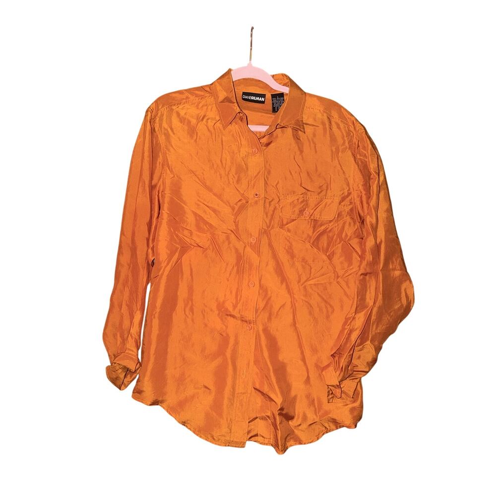 Vintage Diane Gilman burnt orange long sleeve button front 100% silk blouse L